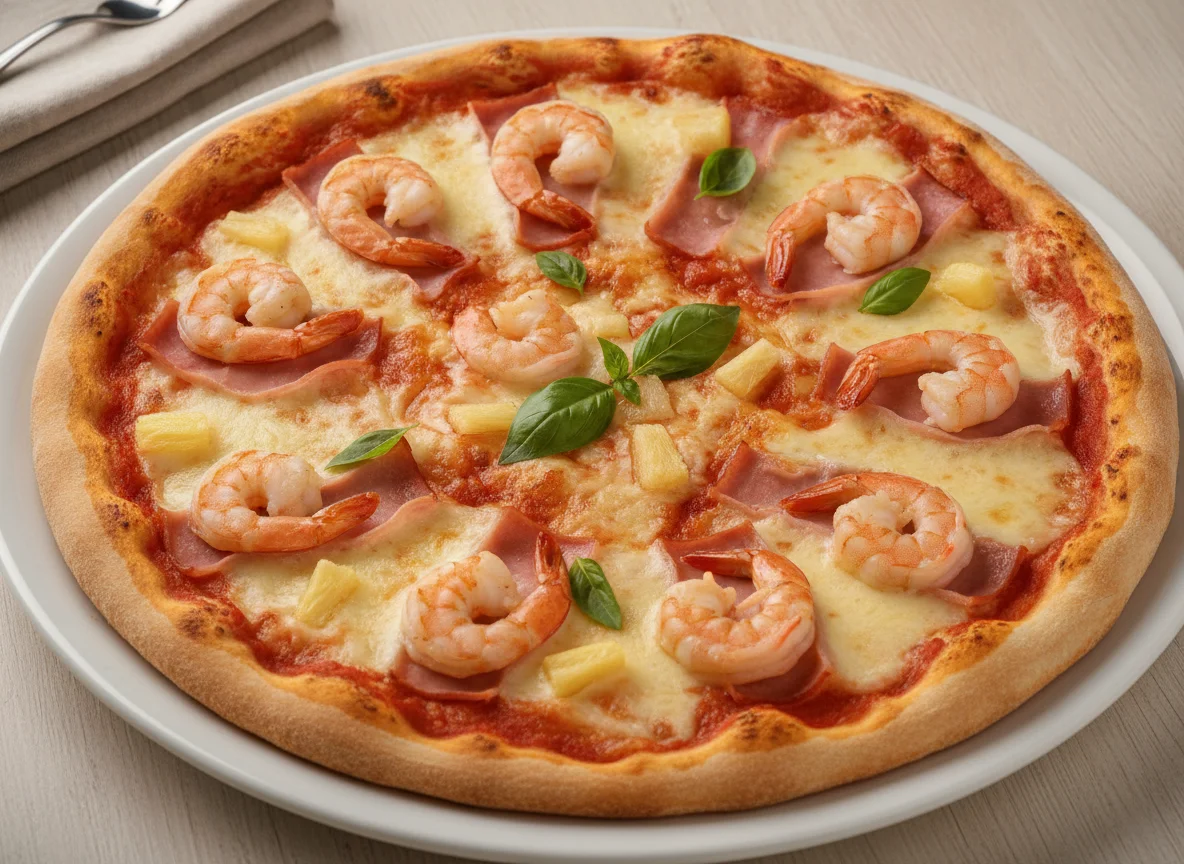 Pizza de Camarão e Fiambre photo