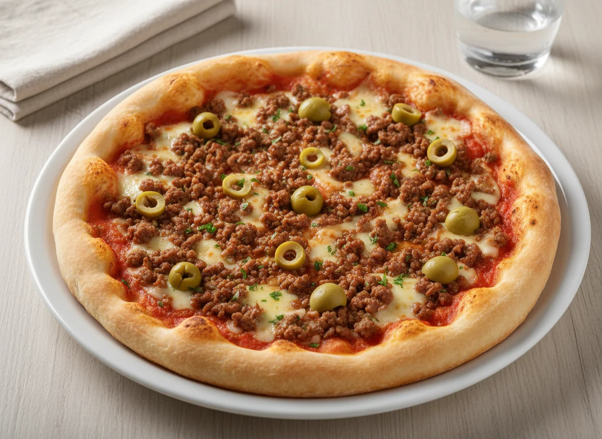 Pizza de Carne Moída com Azeitonas photo