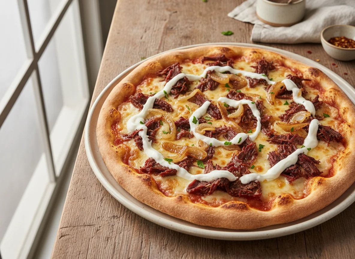 Pizza de carne seca com catupiry e cebola caramelizada photo