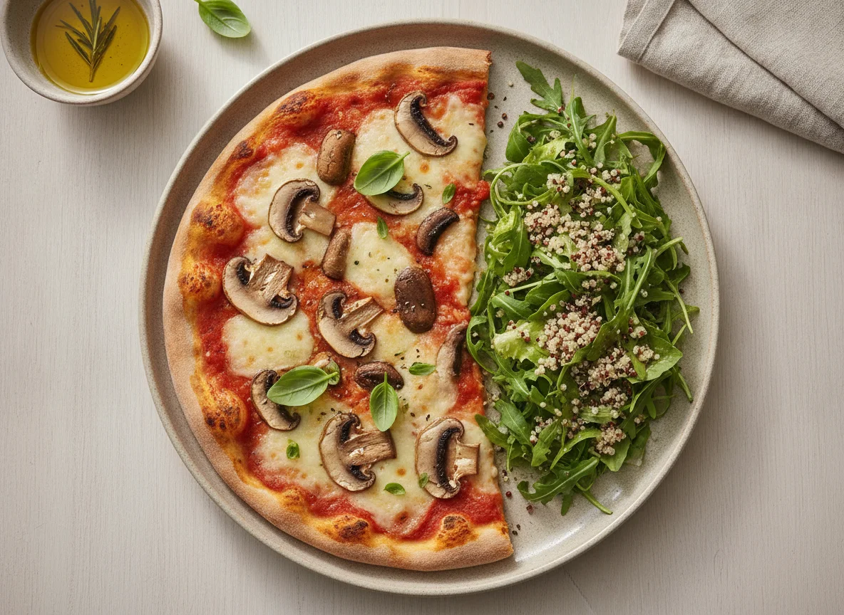 Pizza de Cogumelos com Salada de Rúcula e Quinoa photo