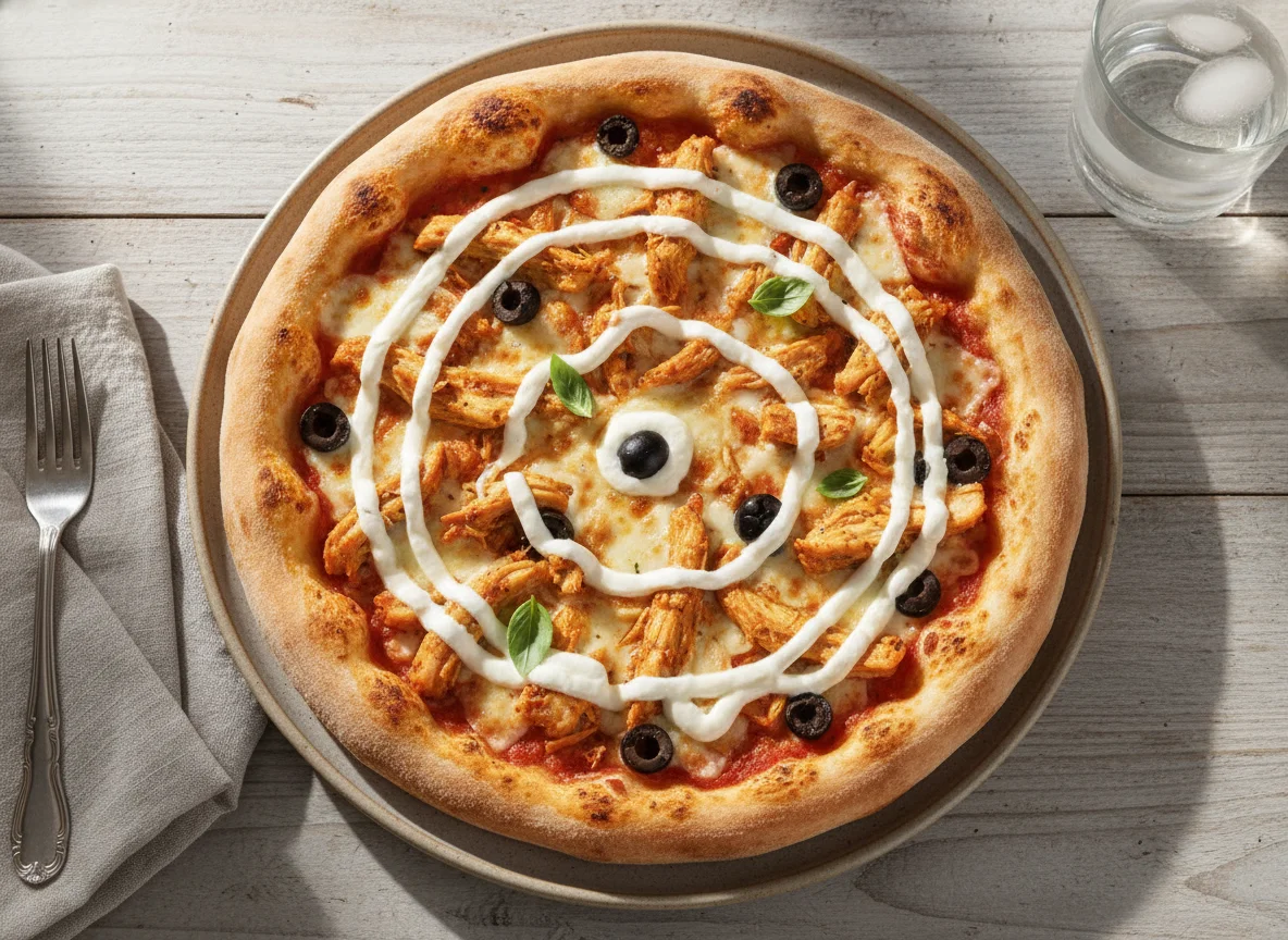 Pizza de frango com catupiry e azeitona photo