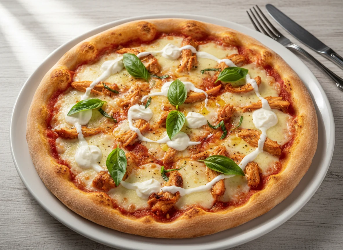 Pizza de frango com catupiry e manjericão photo