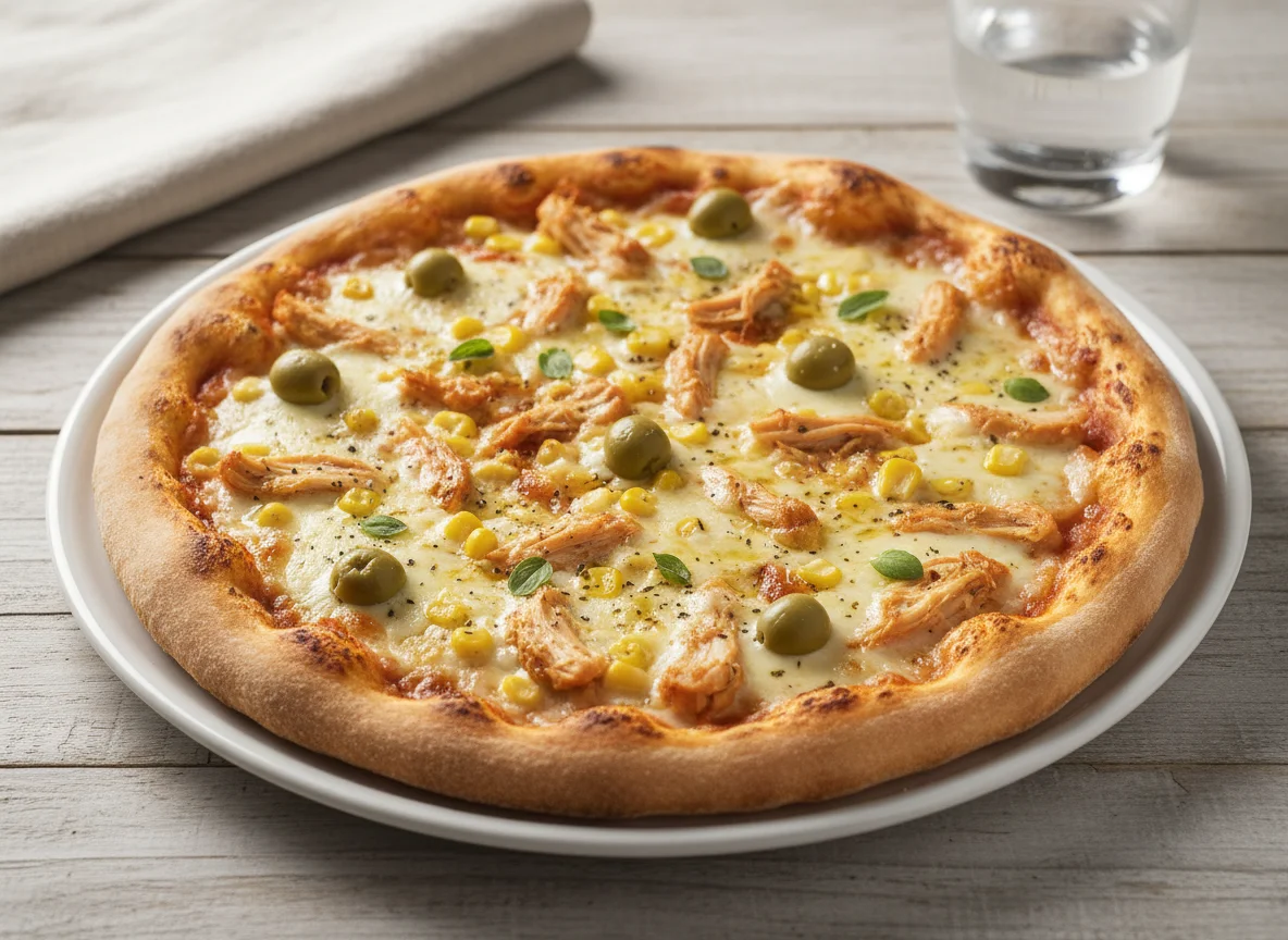 Pizza de frango com milho e azeitona photo