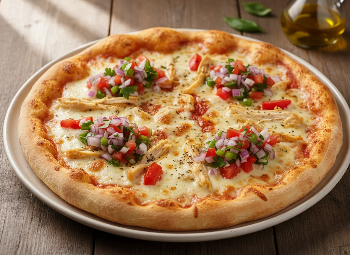 Pizza de frango com tomate e vinagrete photo