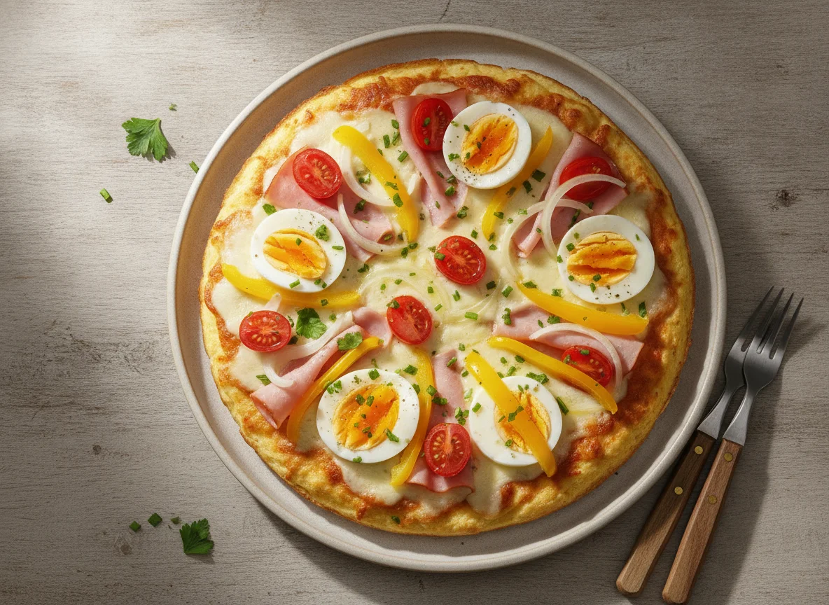 Pizza de Massa de Omelete com Ovos e Presunto photo
