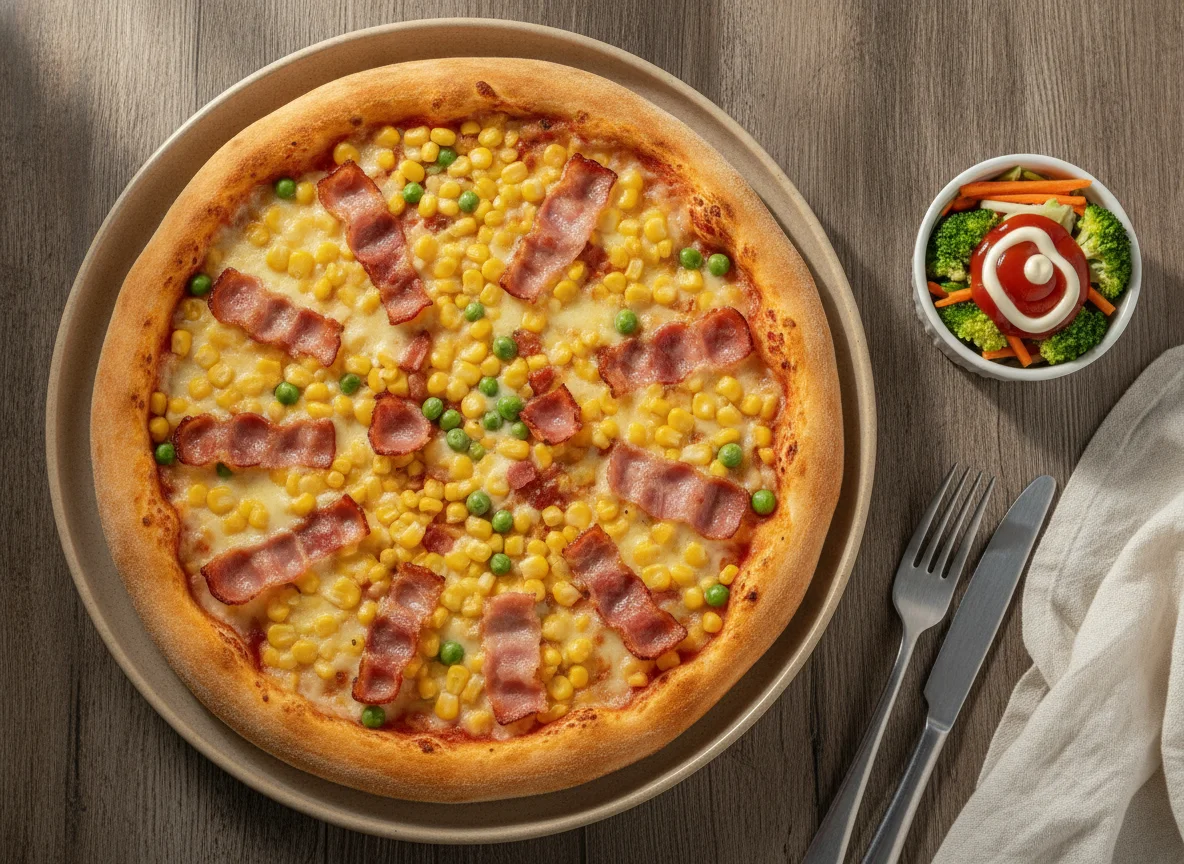 Pizza de milho e bacon com salada de vegetais photo