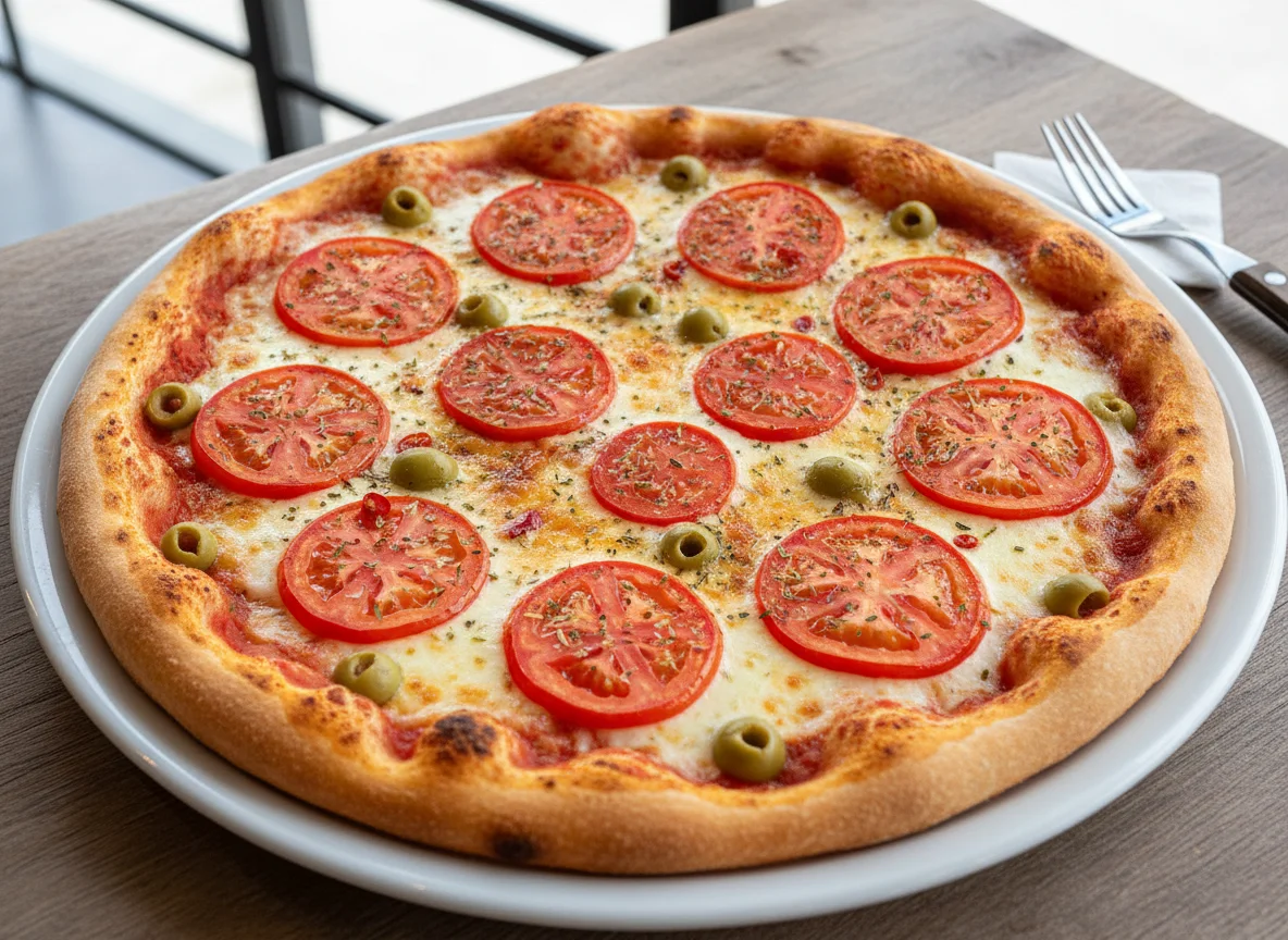 Pizza de mussarela com tomate e azeitona photo