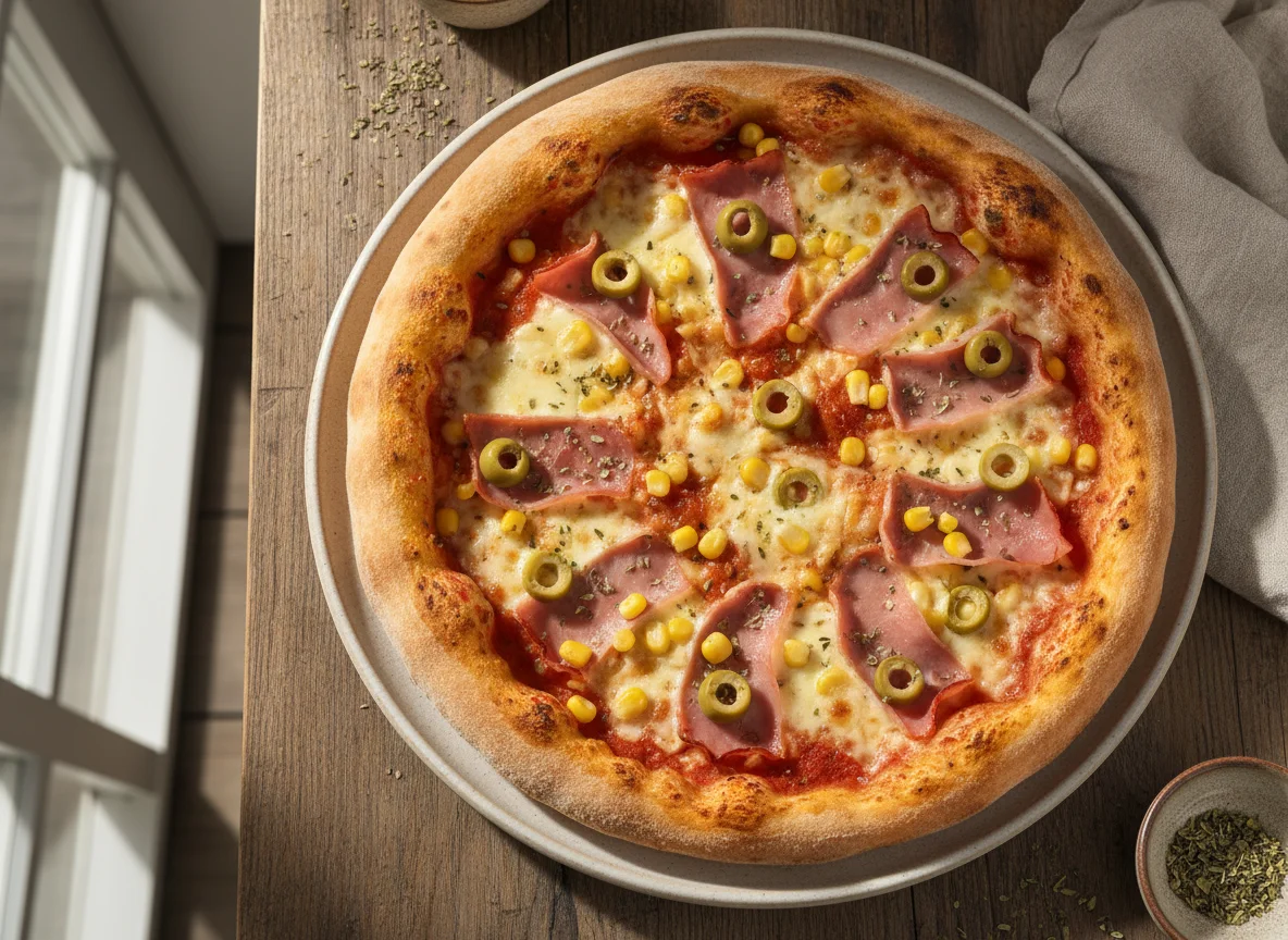 Pizza de presunto e milho com azeitona photo