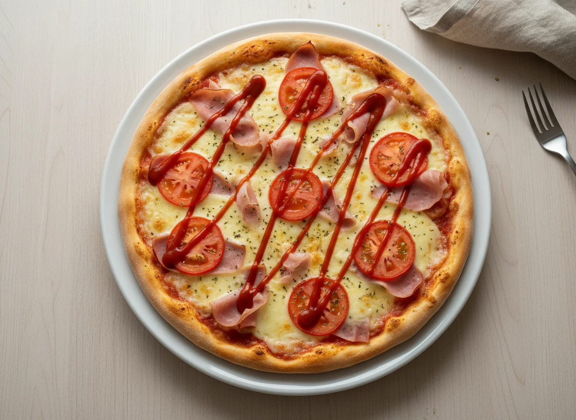 Pizza de presunto e queijo com tomate e ketchup photo