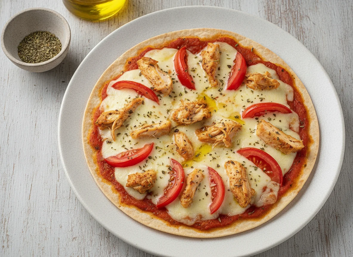 Pizza de Rap10 com Frango Desfiado e Tomate photo