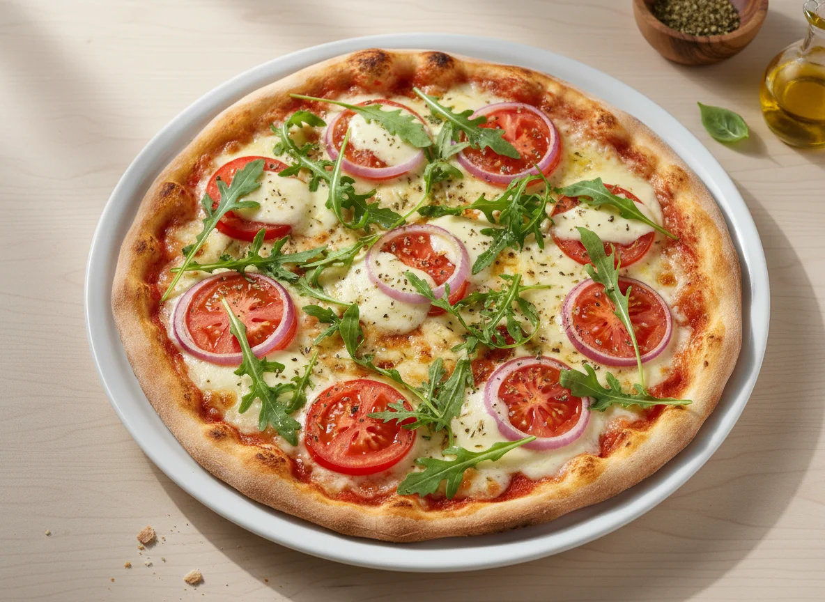 Pizza de rúcula e tomate com cebola roxa photo