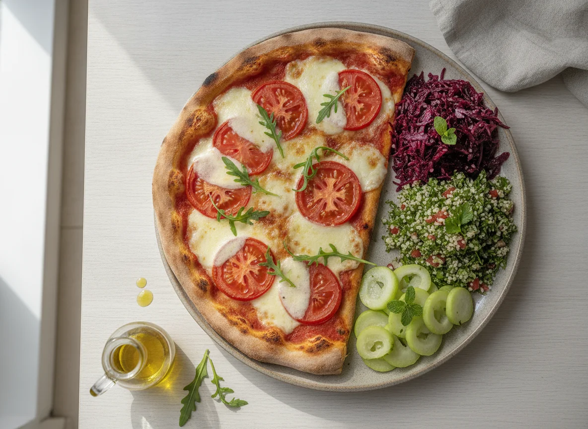 Pizza de tomate com salada de beterraba e tabule photo