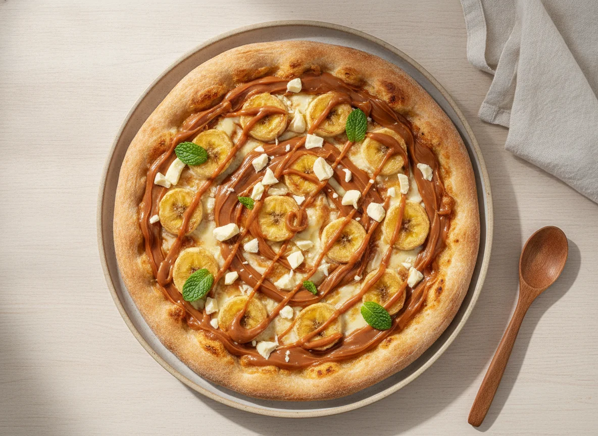 Pizza doce de banana com doce de leite e chocolate branco photo