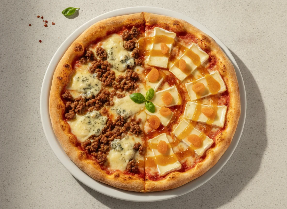 Pizza meio a meio (Carne com Gorgonzola e Brie com Geleia de Damasco) photo