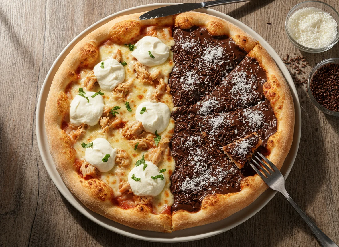 Pizza Meio a Meio (Frango com Catupiry e Brigadeiro com Coco) photo