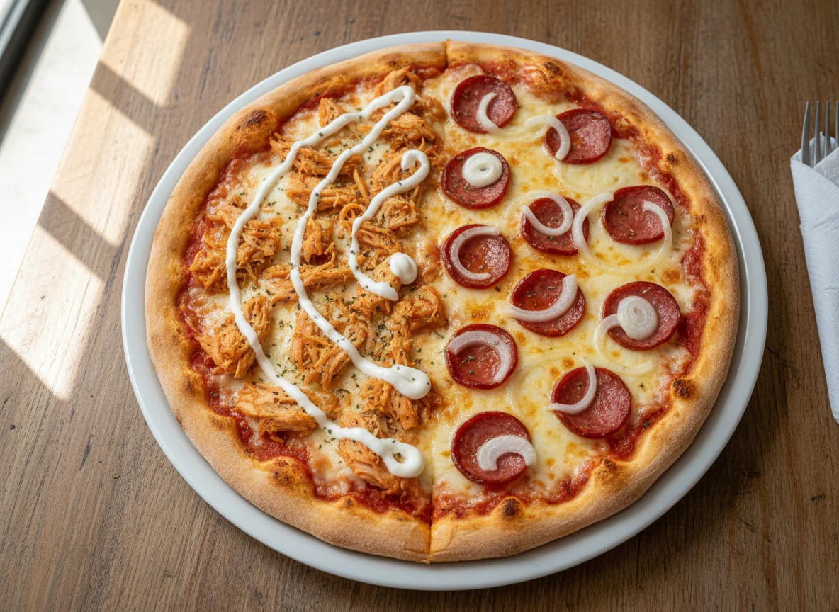 Pizza Meio Frango com Catupiry e Meio Calabresa com Cebola photo