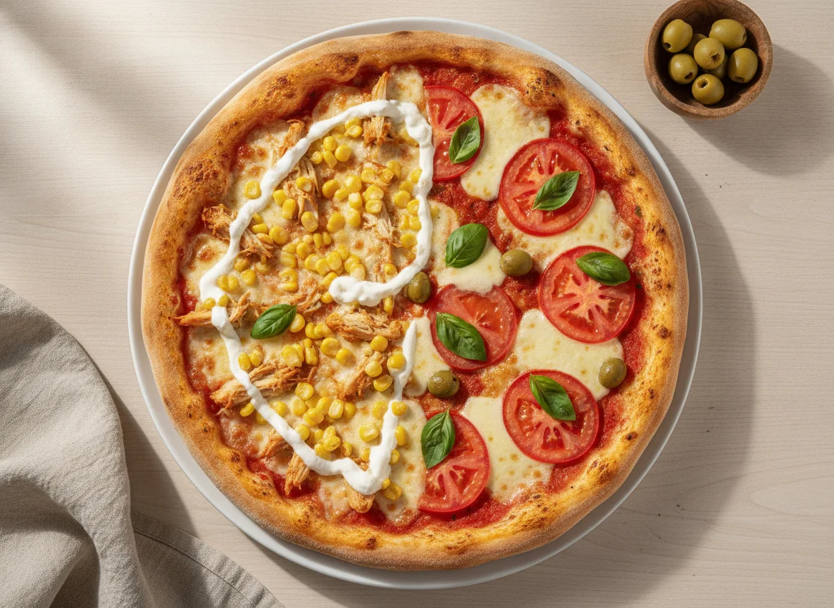 Pizza meio Frango com Catupiry e Milho, meio Marguerita photo