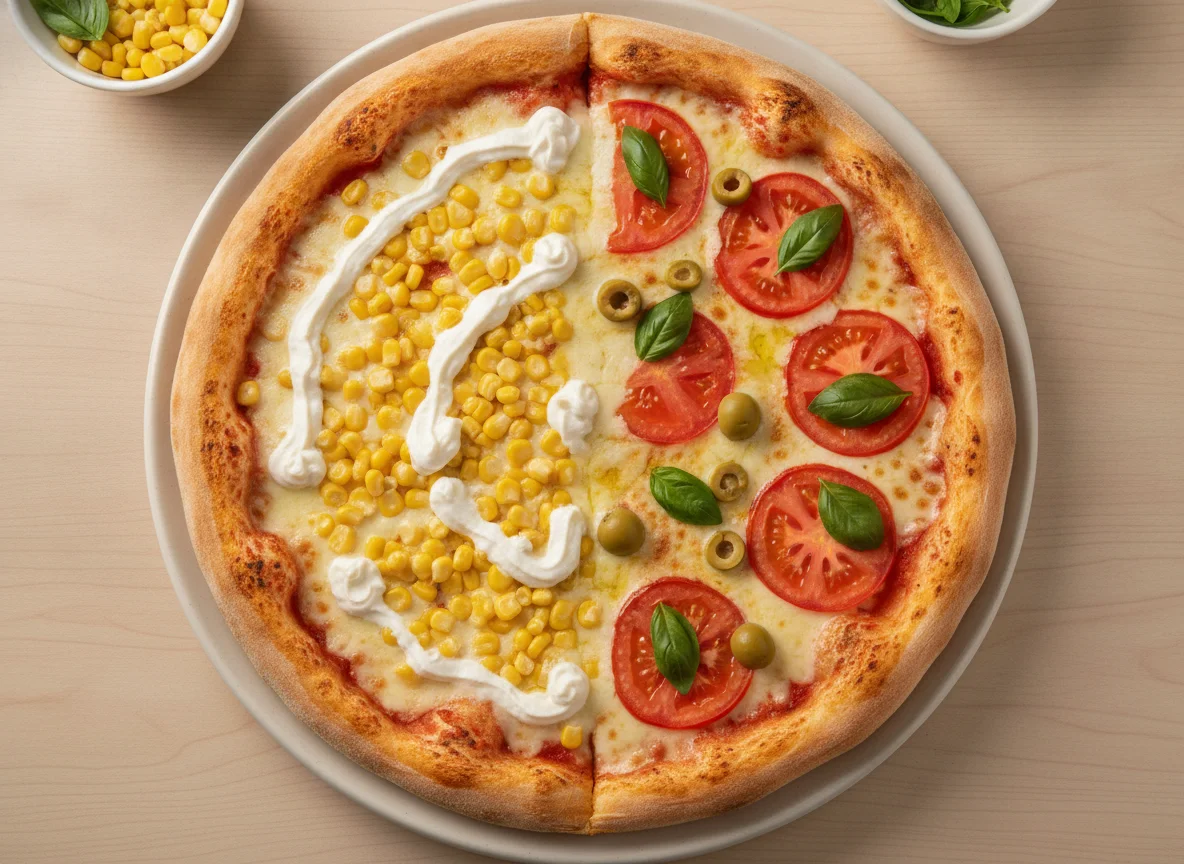 Pizza meio milho com catupiry e meio marguerita photo