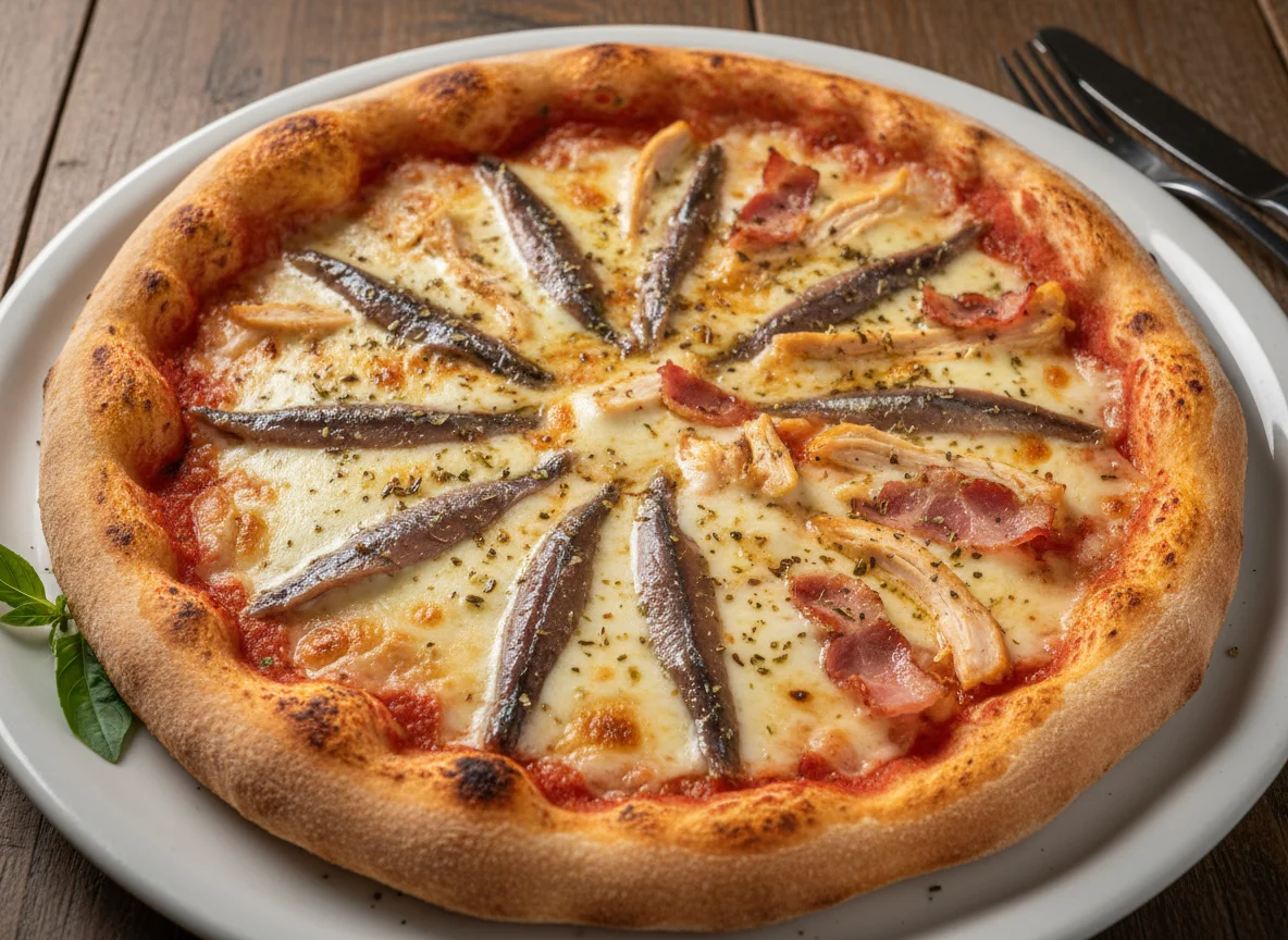 Pizza mista (anchovas e frango) photo