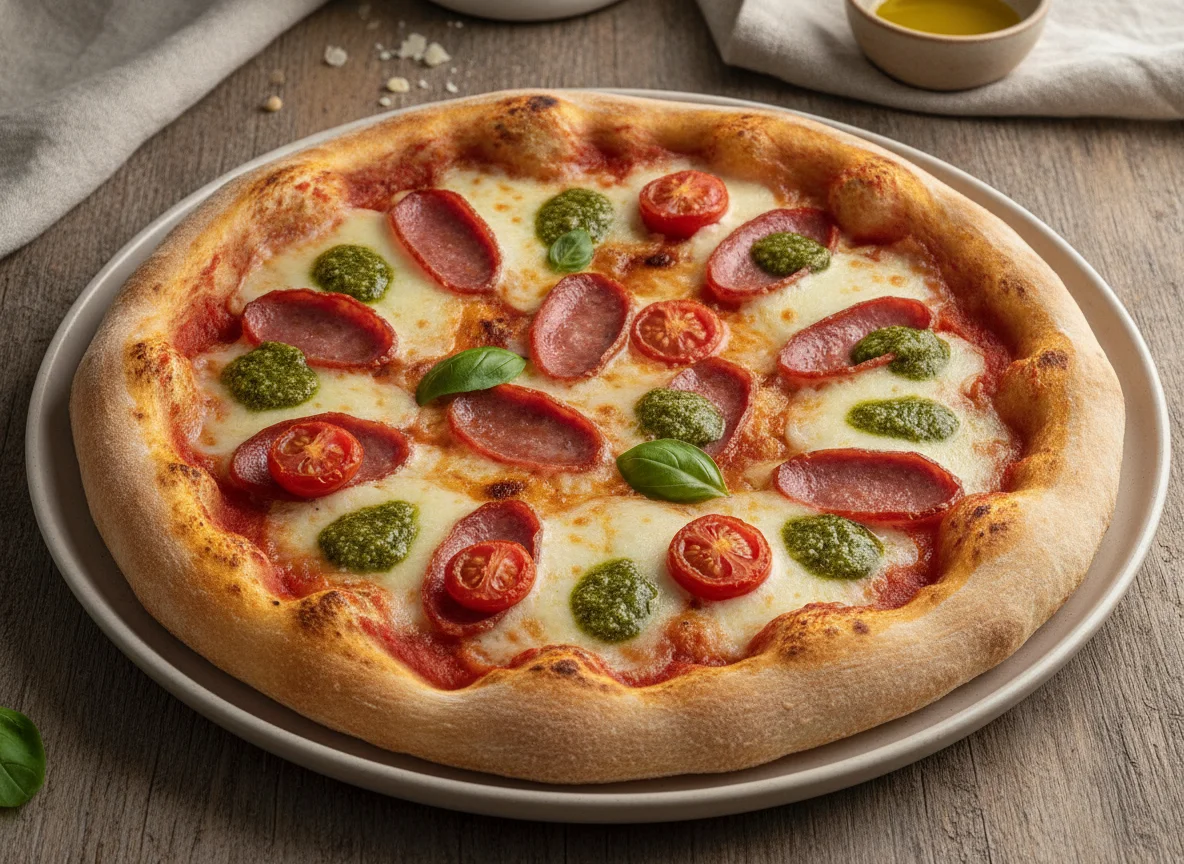 Pizza Ristorante Salame Mozzarella Pesto photo