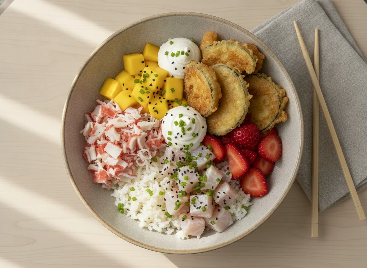 Poke Bowl com Arroz, Kani, Manga, Morango e Cream Cheese photo