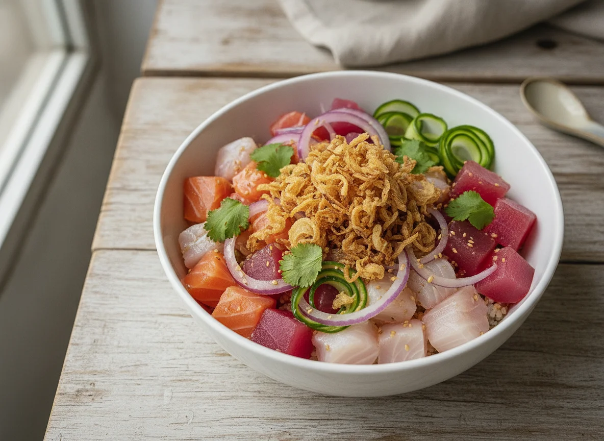 Poke Bowl com Cebola Frita photo