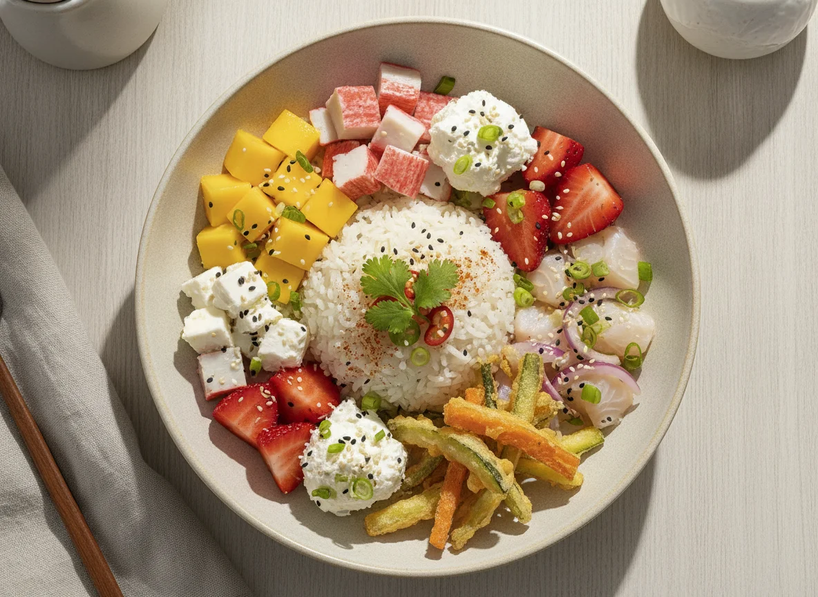 Poke Bowl com Kani, Manga e Morango photo