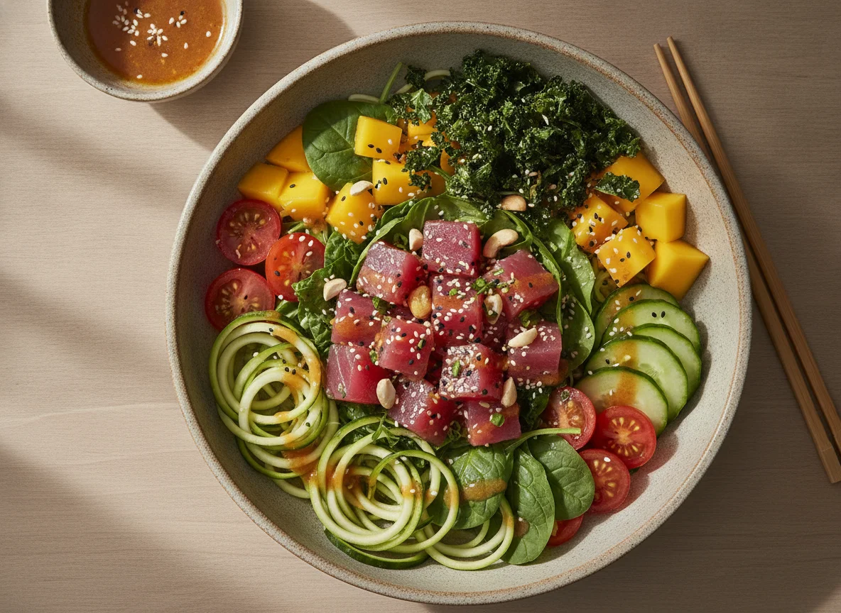 Poke Bowl com Mix de Folhas e Espaguete de Abobrinha photo