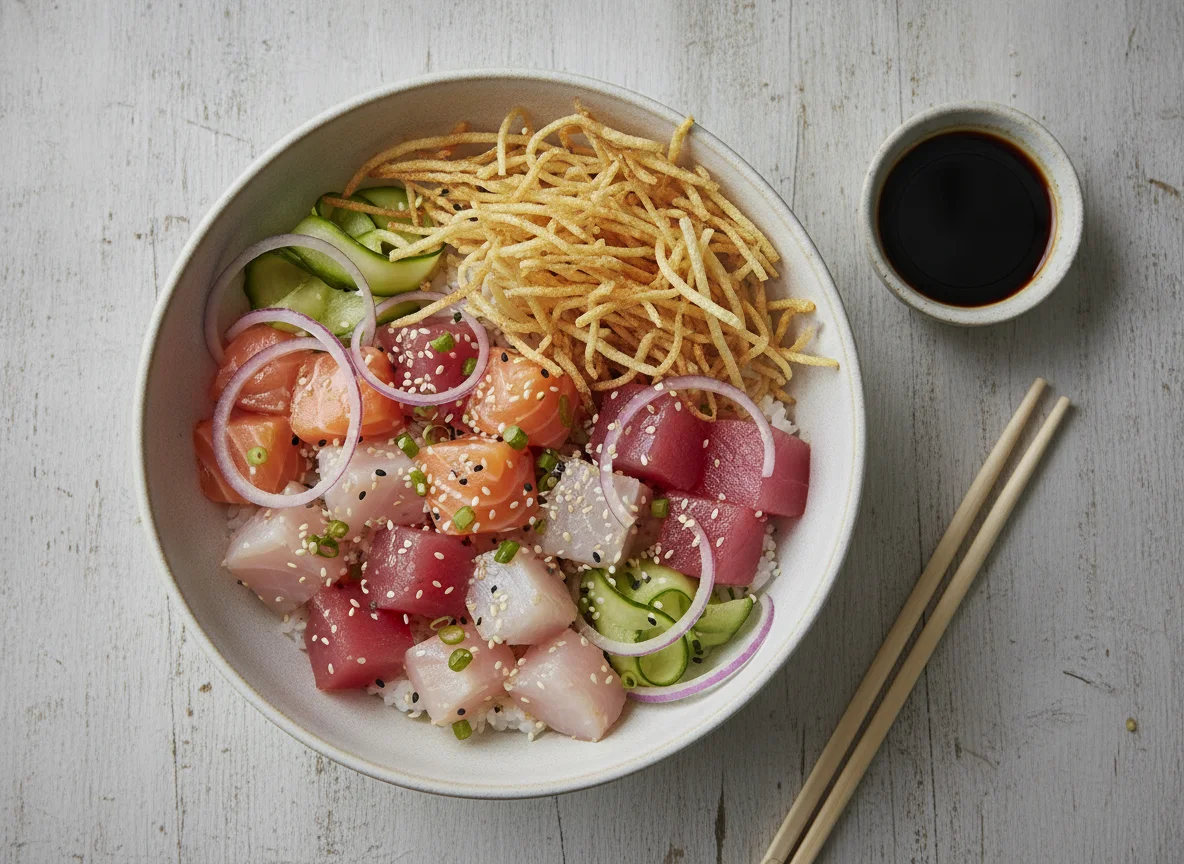 Poke Bowl com Peixe Cru e Batata Palha photo