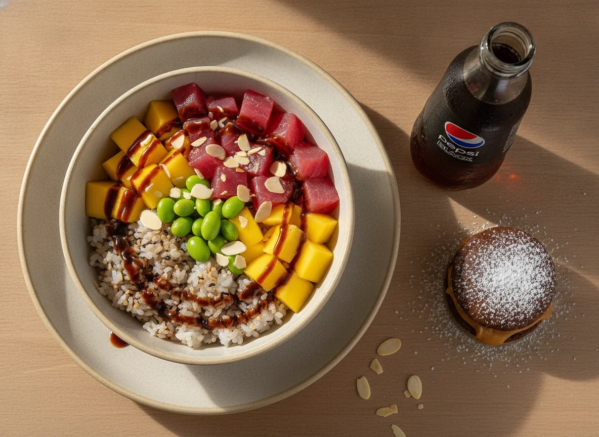 Poke Bowl com Pepsi Black e Alfajor photo