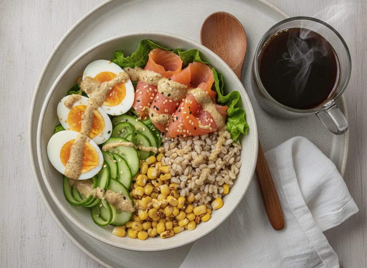 Poke bowl com salmão, ovo e café photo