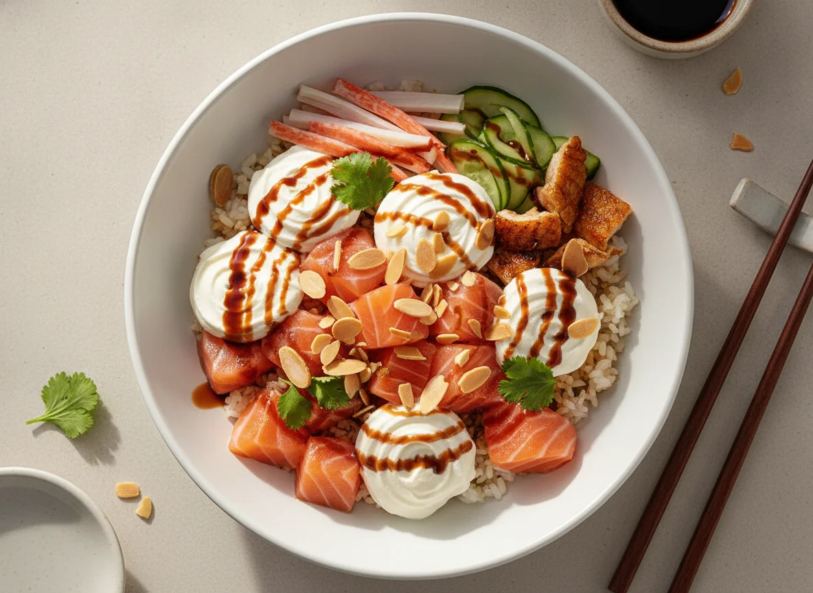 Poke Bowl de Salmão com Amêndoas e Cream Cheese photo