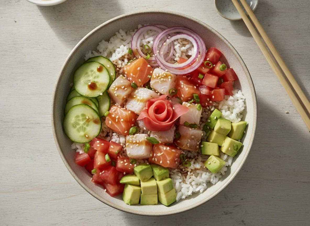 Poke Bowl de Salmão e Peixe Branco photo