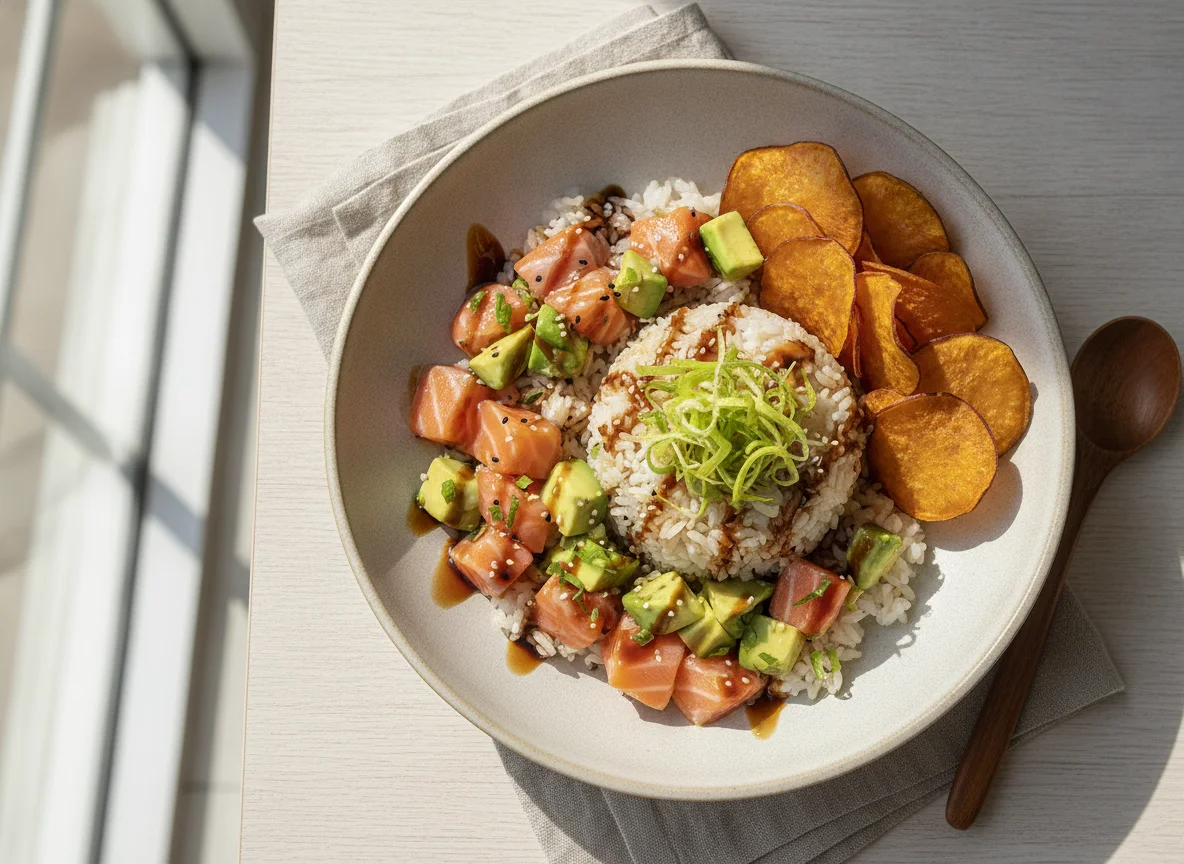 Poke de Salmão com Chips de Batata Doce photo
