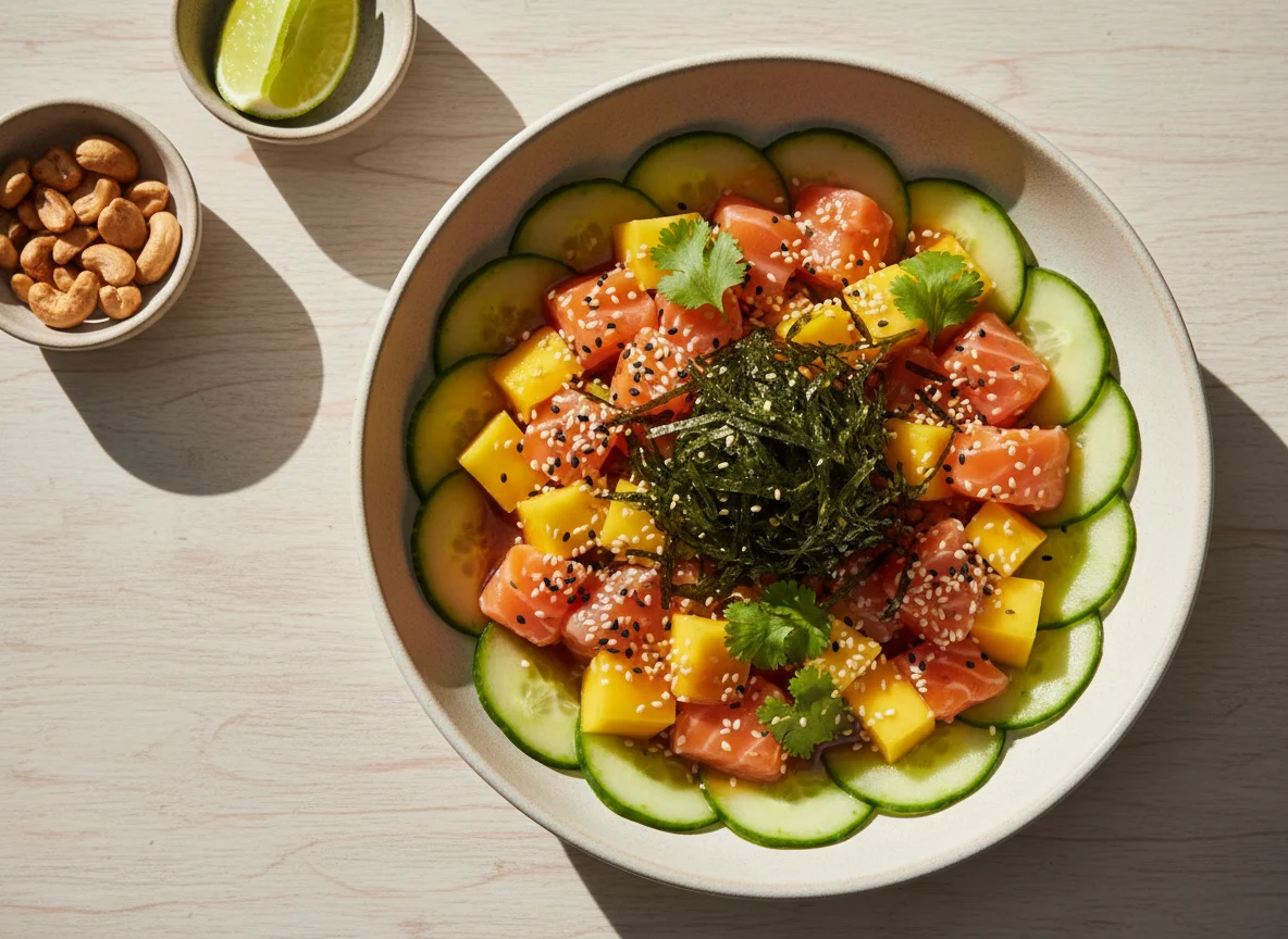 Poke de salmão com manga e pepino photo