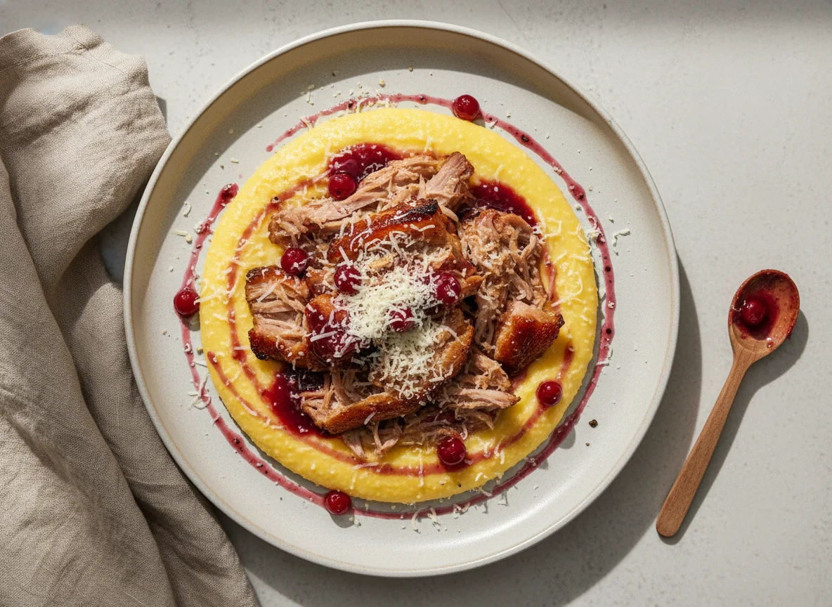 Polenta com carne de porco e queijo photo