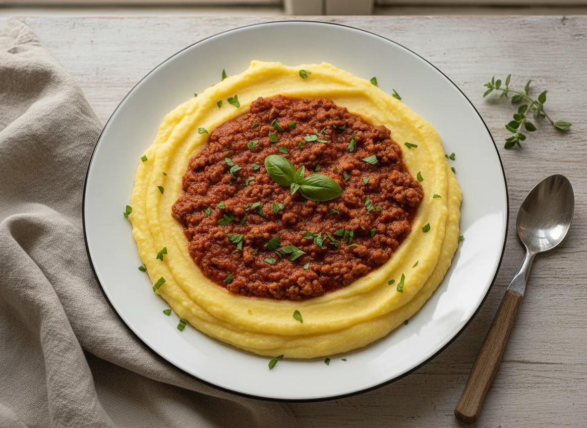 Polenta com Carne Moída e Molho de Tomate photo