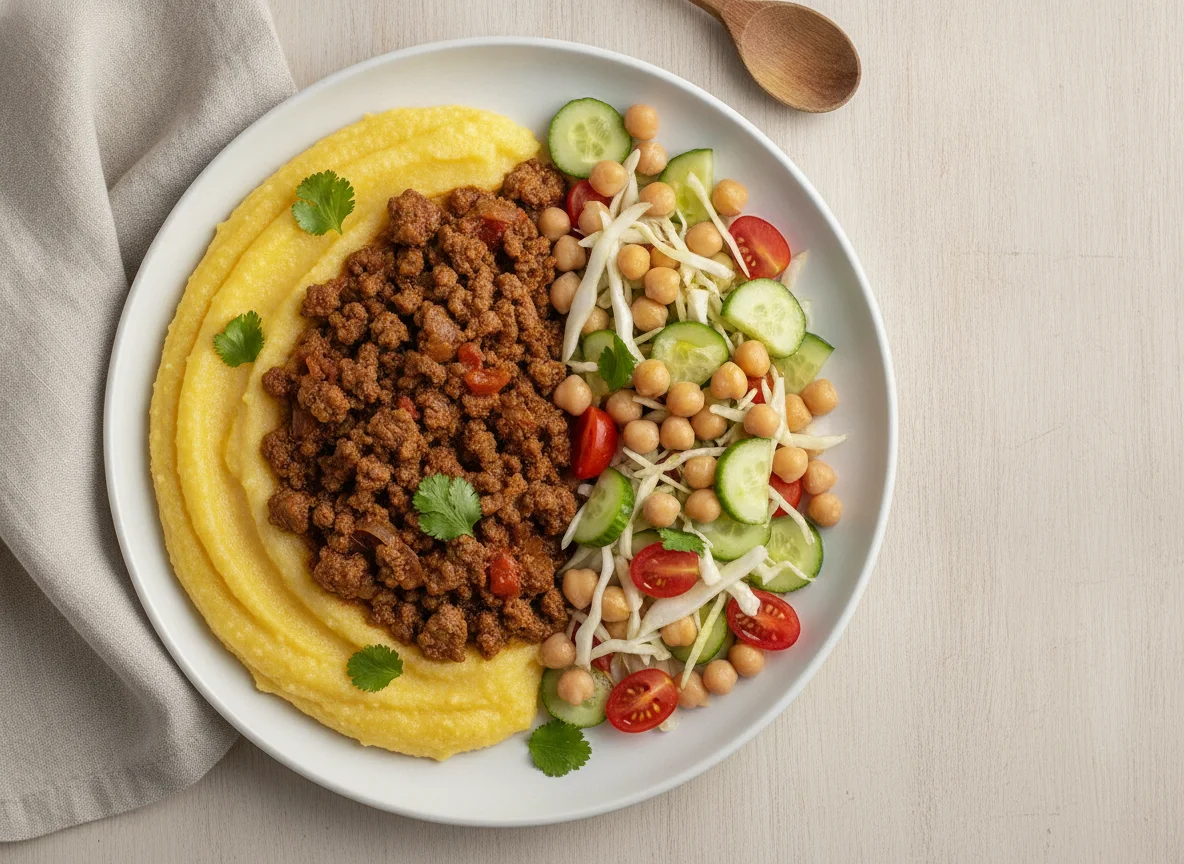 Polenta com Carne Moída e Salada de Grão-de-Bico photo