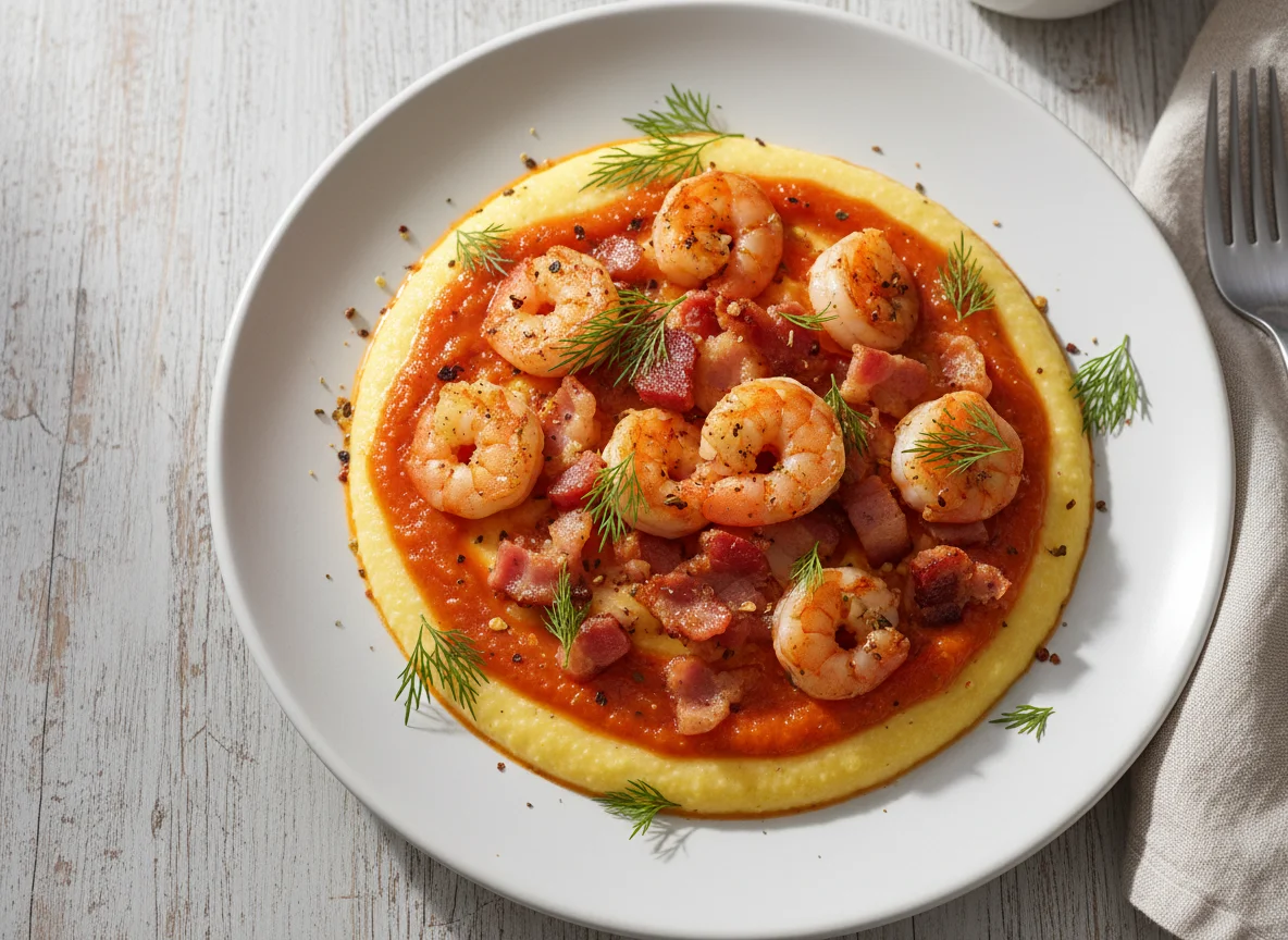Polenta cremosa com camarão e bacon photo