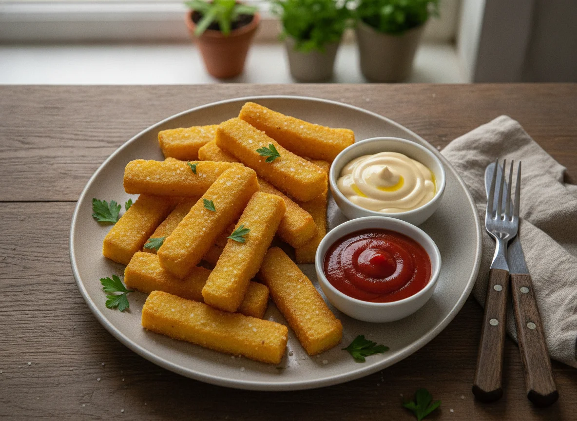 Polenta frita com molhos photo