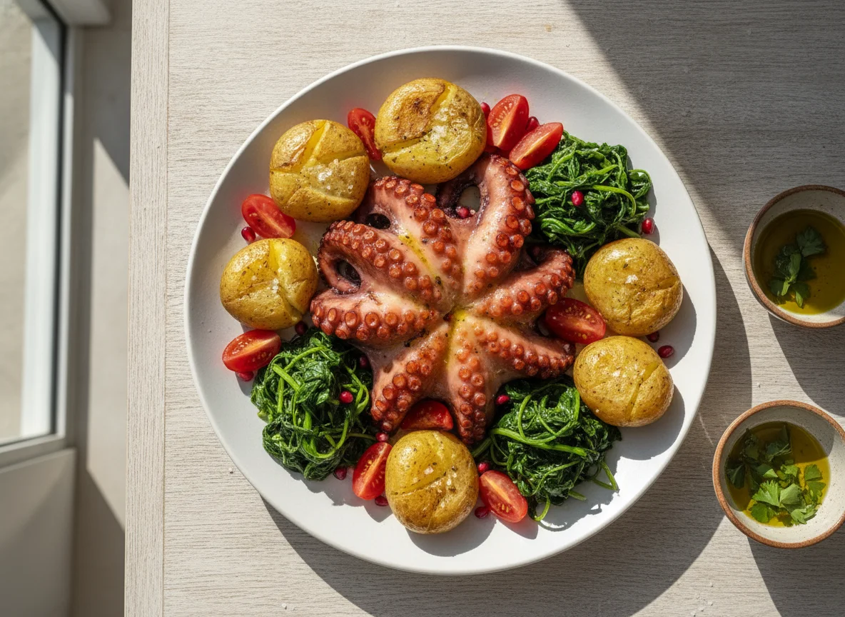 Polvo à Lagareiro com Batatas a Murro e Grelos photo