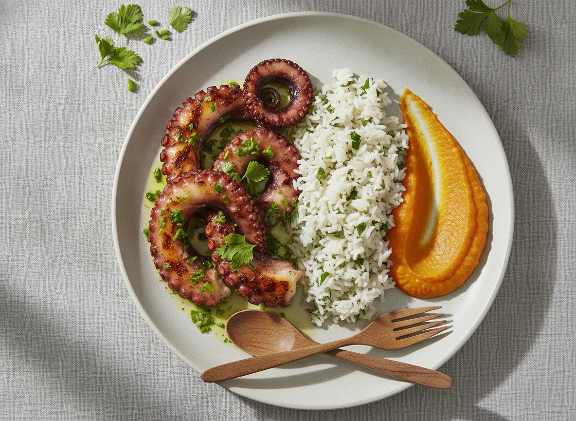 Polvo Grelhado com Arroz de Ervas e Puré de Cenoura photo