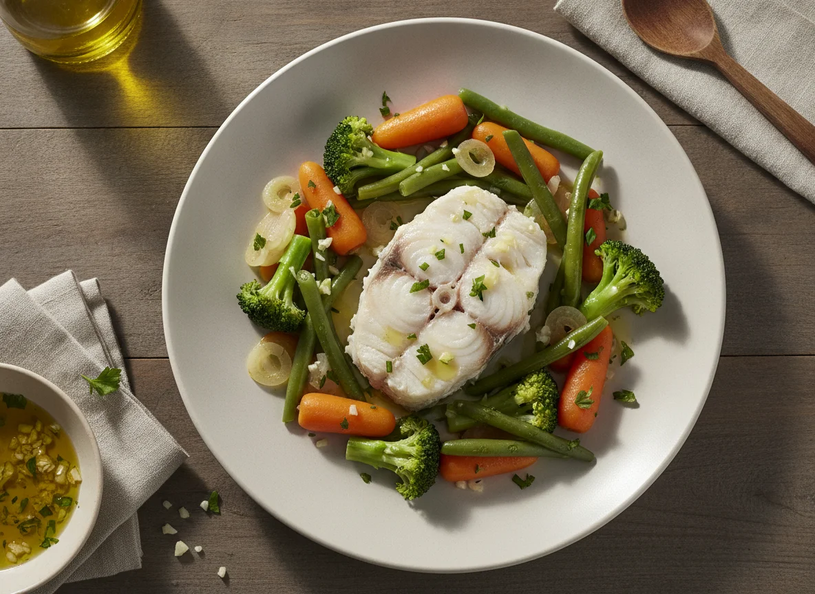Posta de Peixe Cozida com Legumes photo