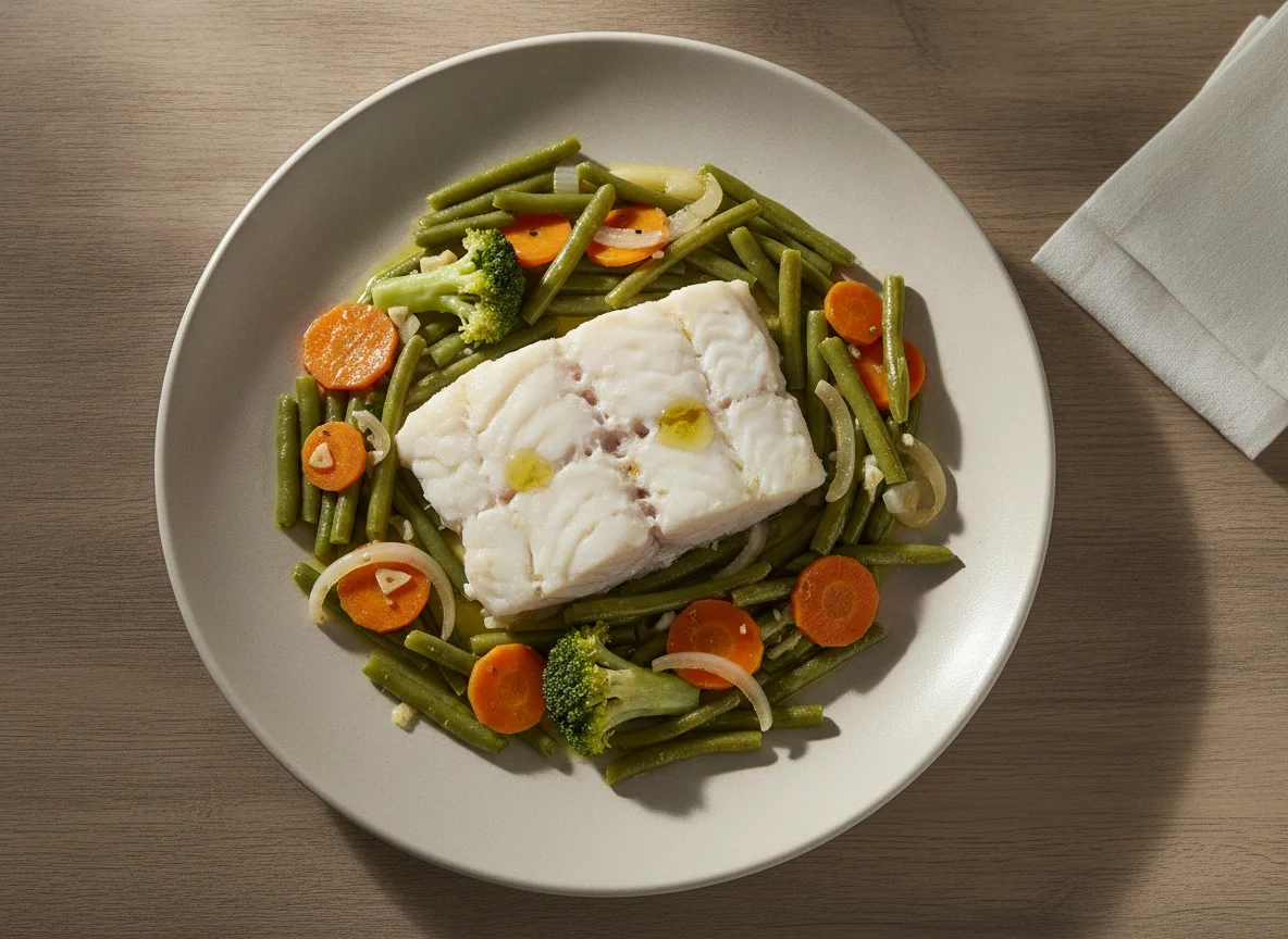 Posta de Peixe Cozido com Legumes Salteados photo