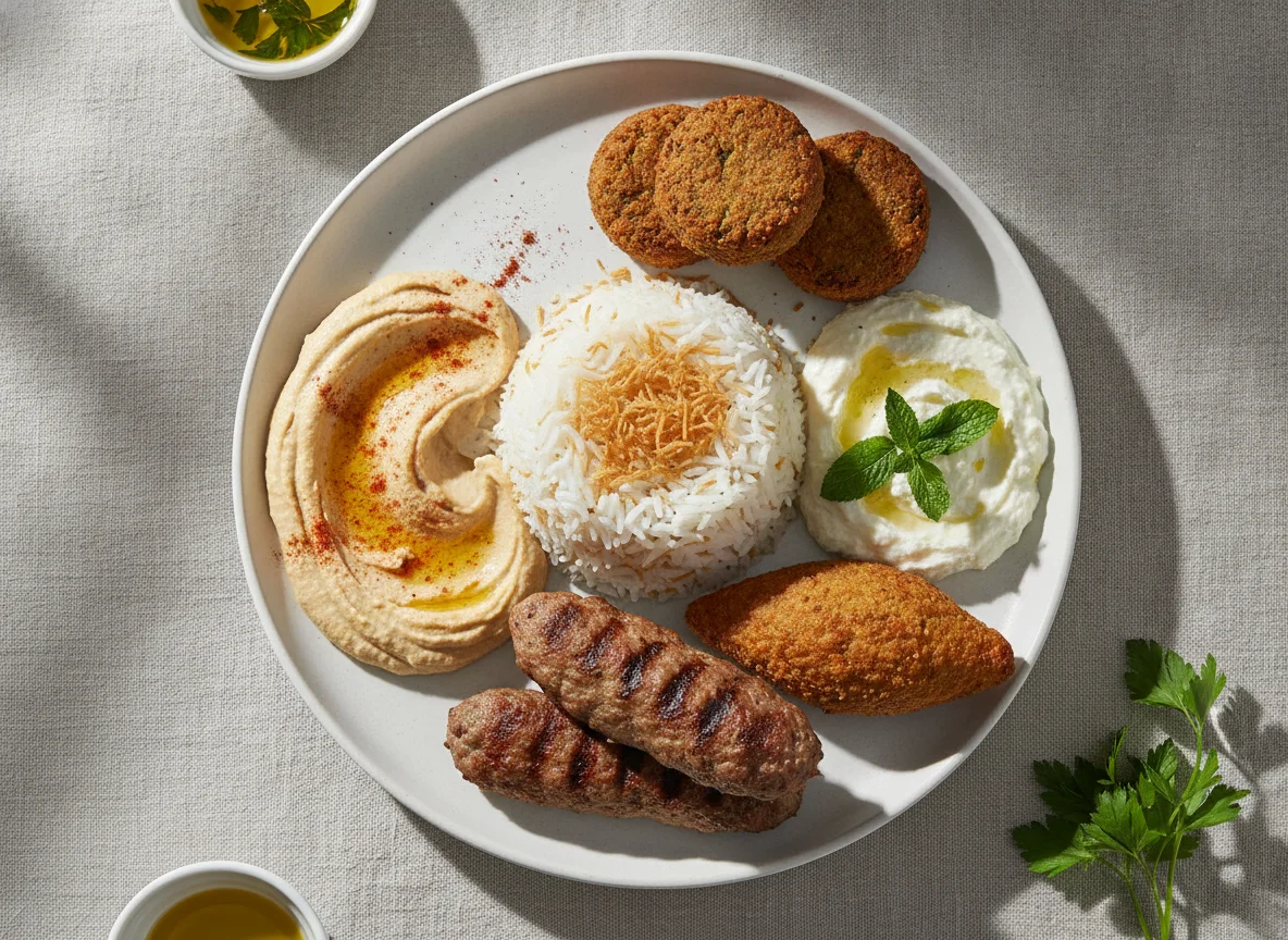 Prato Árabe com Arroz, Homus, Coalhada, Falafel e Kafta photo