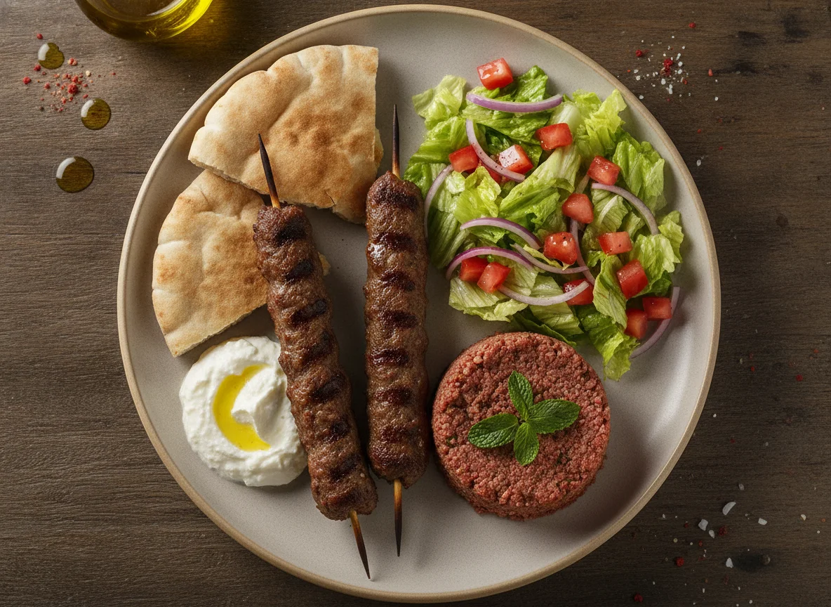 Prato Árabe com Kafta, Kibe Cru e Salada photo