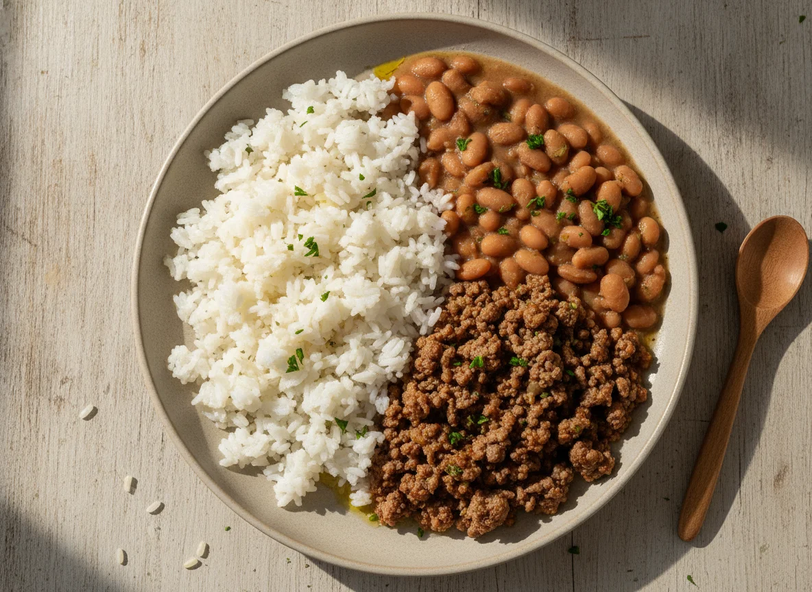 Prato brasileiro com arroz, carne moída e feijão photo