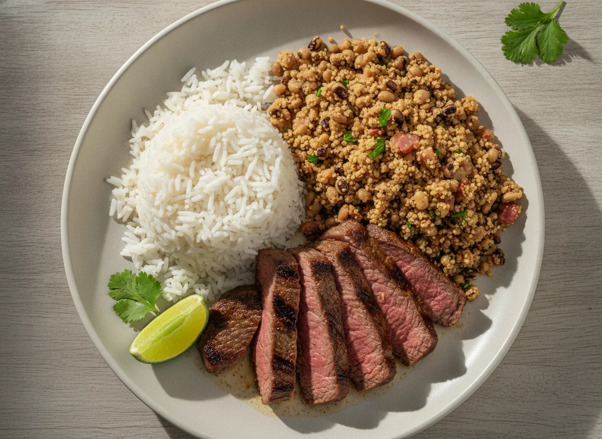 Prato brasileiro com arroz, farofa e carne photo