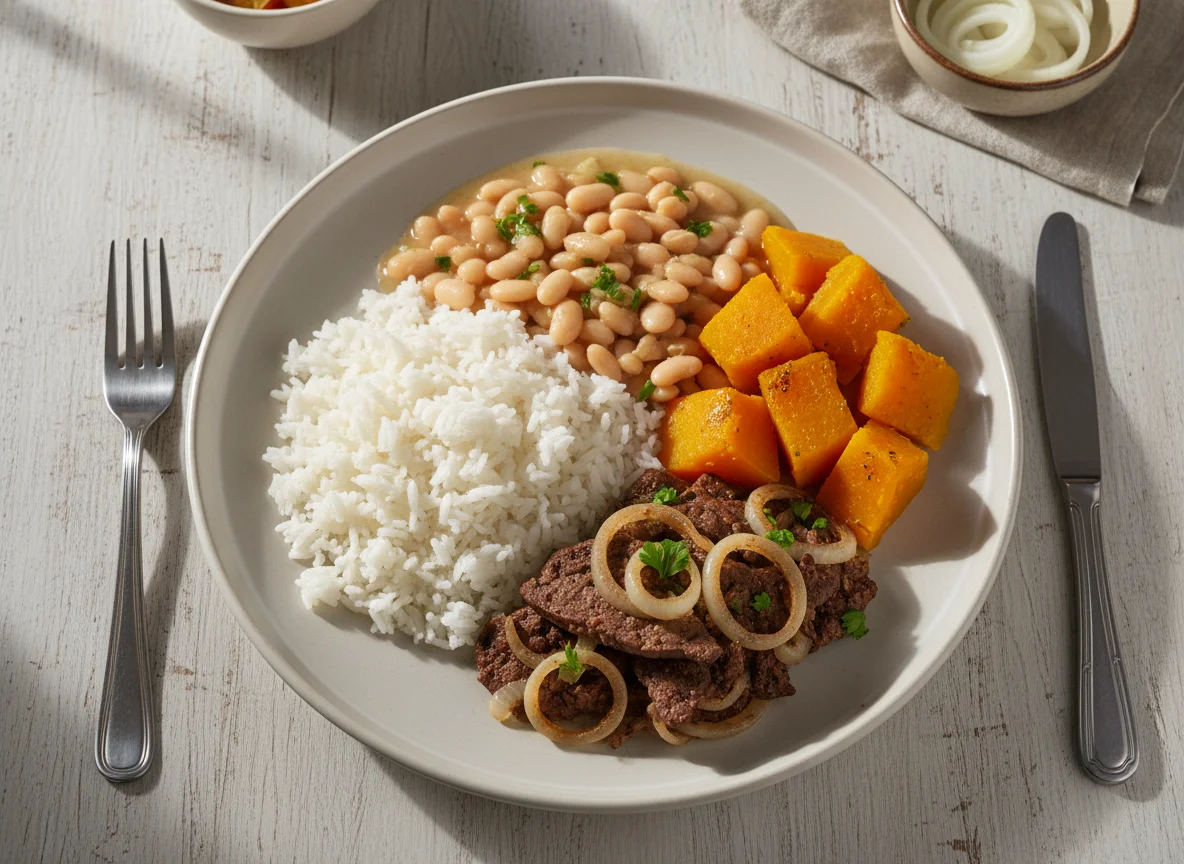 Prato brasileiro com arroz, feijão, abóbora e fígado acebolado photo
