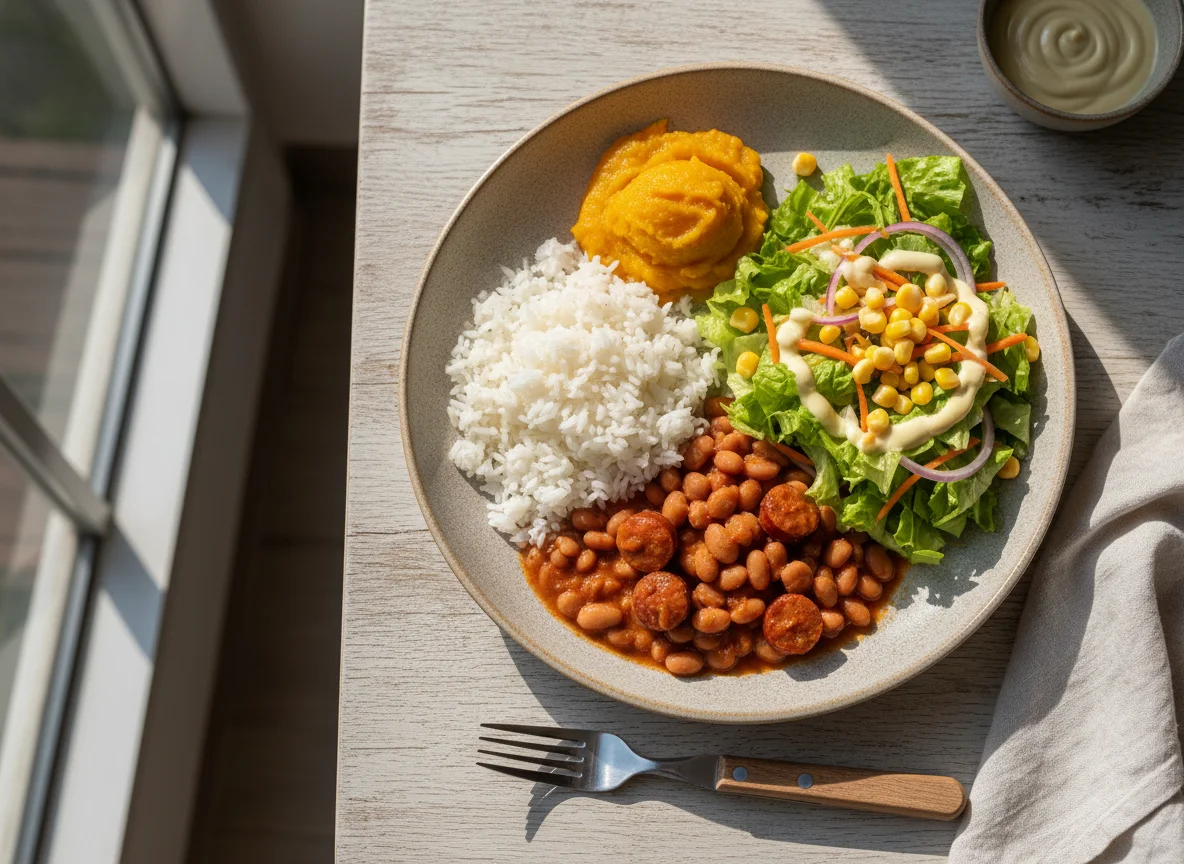 Prato brasileiro com arroz, feijão, abóbora e salada photo